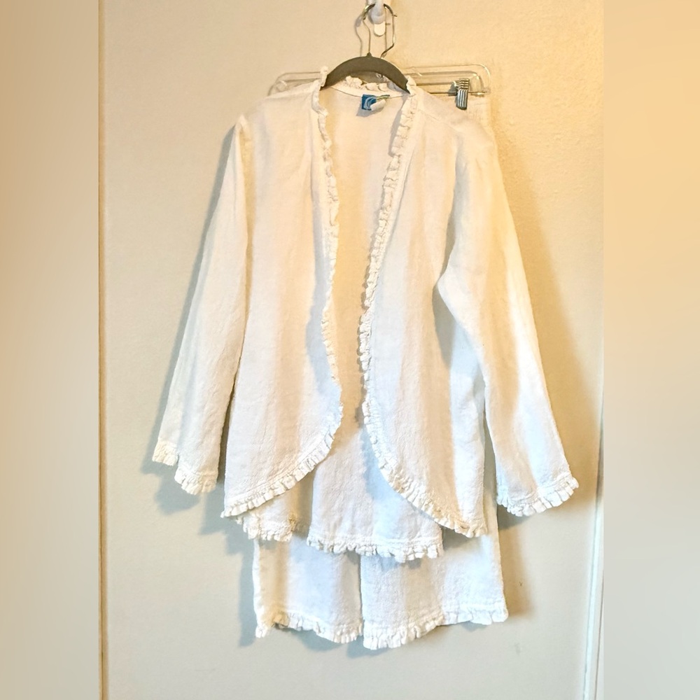White Ruffled Linen Cardigan and Pant Set